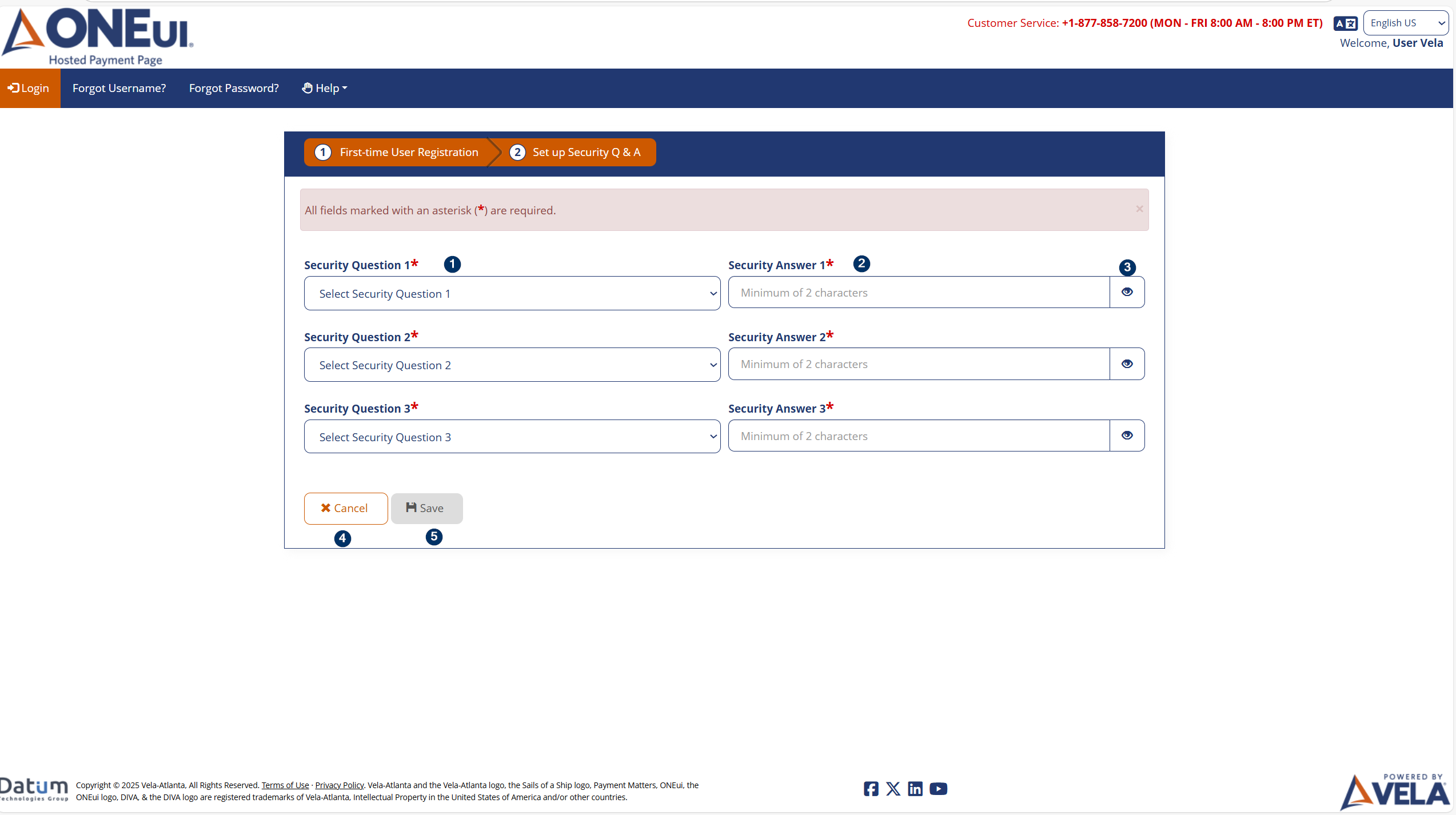 Security questions screen