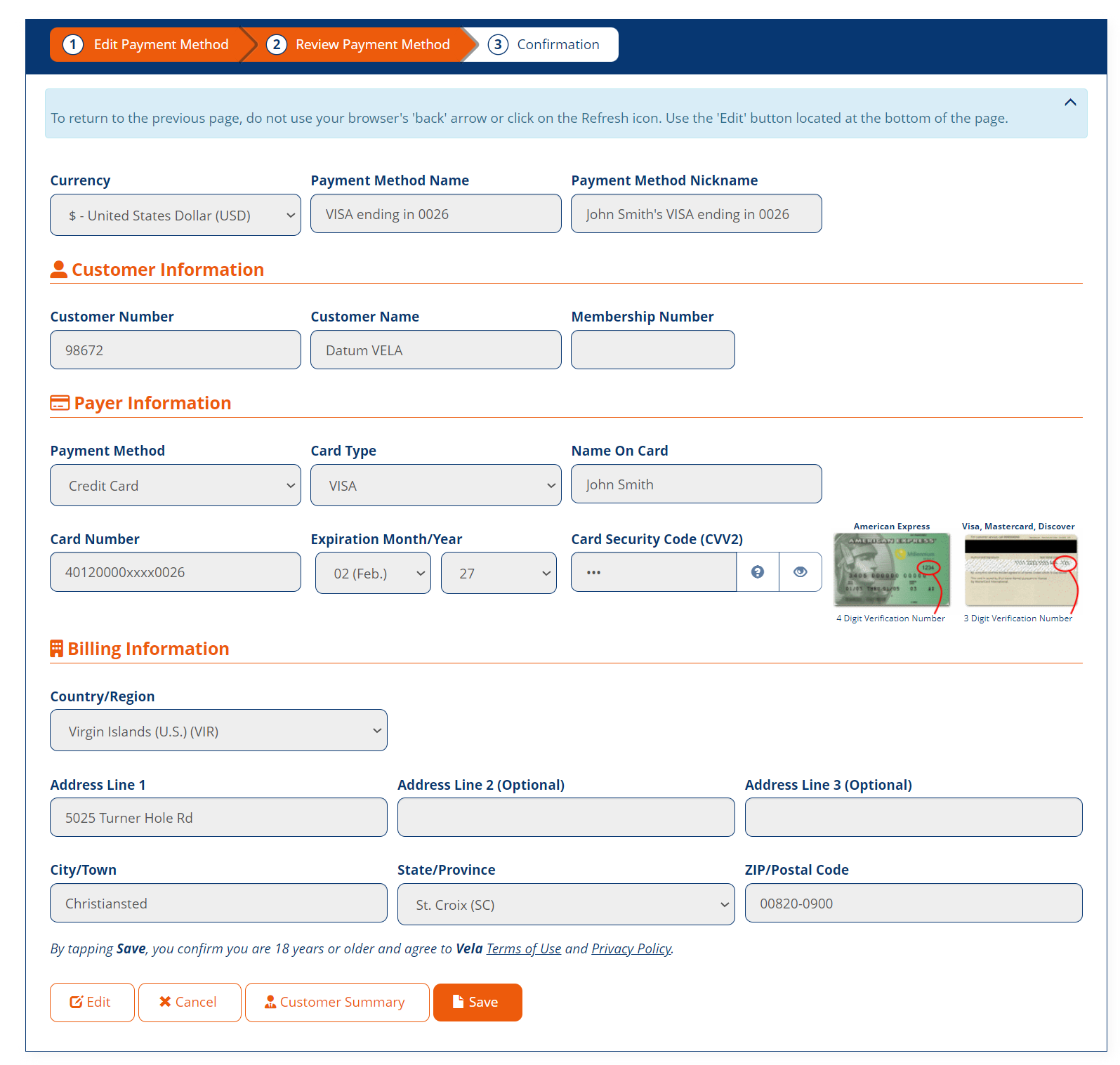 Review Payment Method page